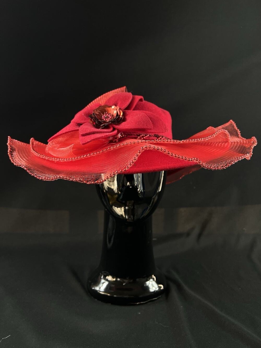 Deborah New York Vintage Red Wide Brim Hat – 100% Wool, Made in USA